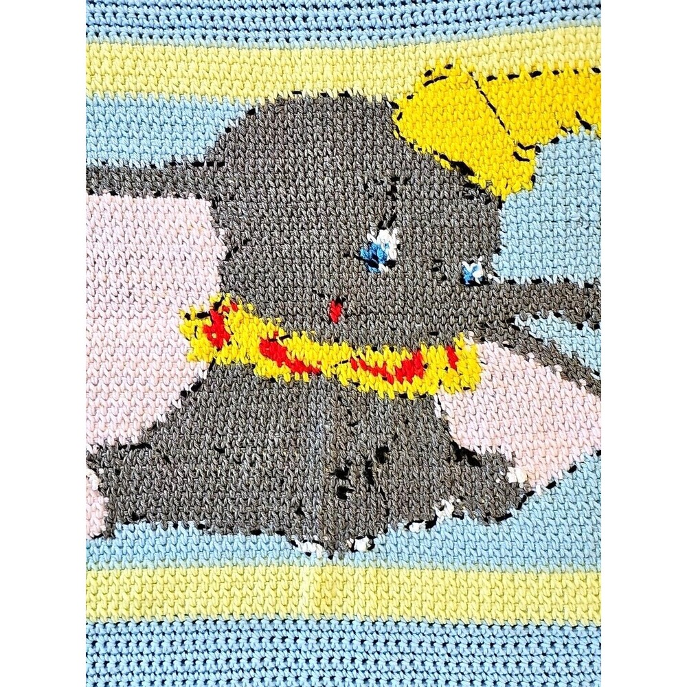 Dumbo Baby Blanket Handknit Crochet Blue Yellow Soft Knit Elephant Nursery Decor - Picture 12 of 13